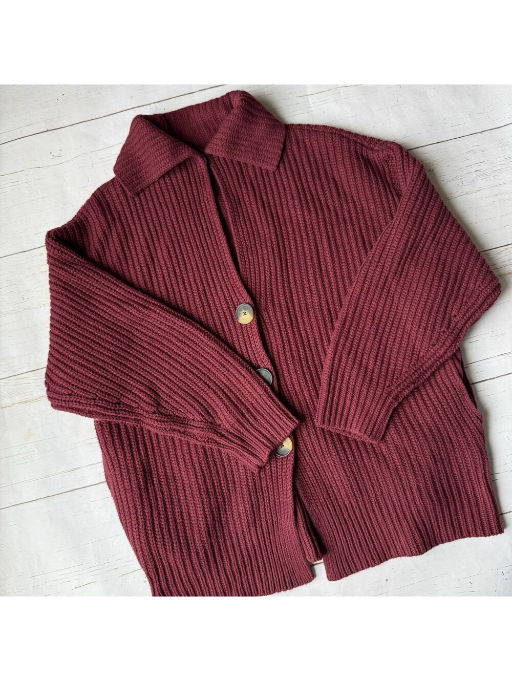 FREE PEOPLE Swim Too Deep Oversized Cardigan M Cabernet Collared Button
